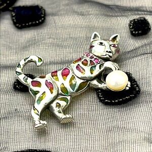 Colorful Cat Brooch with Pearl Accent